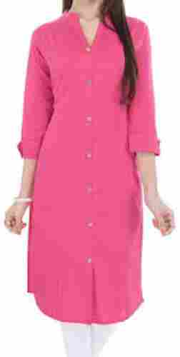 Women Comfortable And Breathable Round Neck 3/4 Sleeves Pink Casual Kurti 