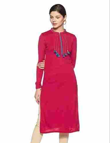 Women's Beautiful And Fashionable Long Sleeves Straight Cotton Red Kurti