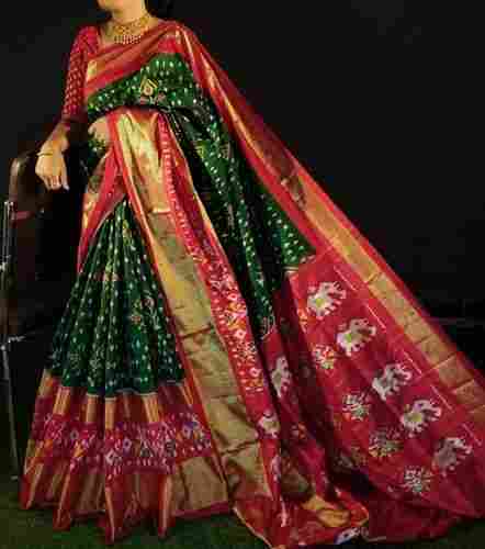 Ladies Printed Red And Green Saree For Festival Wear