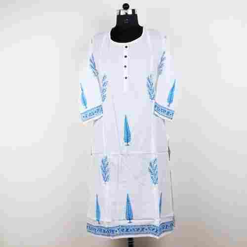 White And Blue Printed Round Neck 3/4 Sleeve Simple Elegant And Stylish Look Cotton Kurti For Ladies