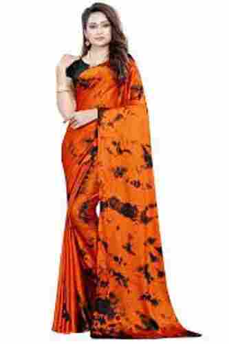 Women'S Shiny Soft Orange Color Printed Silk Saree With Normal Boarder
