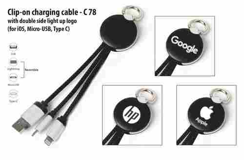 C78 a   Clip-On Charging Cable With Double Side Light Up Logo (IOS, Micro-USB, Type C)