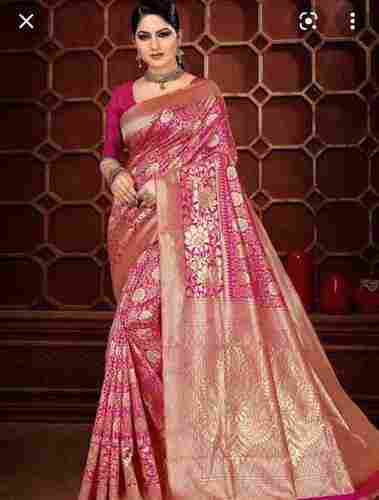 100 % Cotton Silk With Zari Work Pink Color Traditional Banarasi Saree 