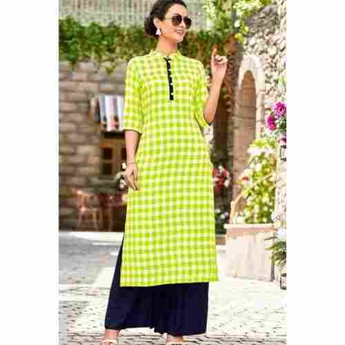 Ladies Collar Neck 3/4sleeves Comfortable Casual Wear Green Checked Cotton Kurti