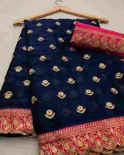 Blue And Golden Party Wear Comfortable And Breathable Cotton Silk Saree