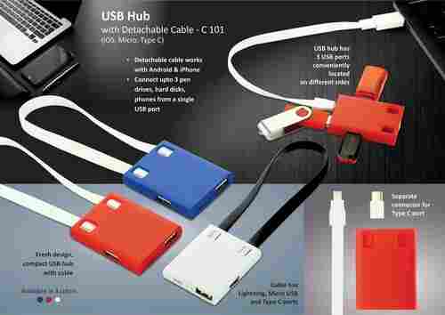 C101 USB Hub With Detachable Cable (IOS, Micro, Type C) and 3 USB Ports