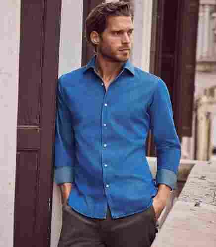 Mens Full Sleeve Blue Cotton Casual Shirt