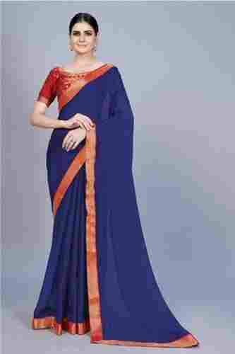 Women Elegant Look Light Weight Beautiful Stylish Blue Chiffon Saree With Blouse