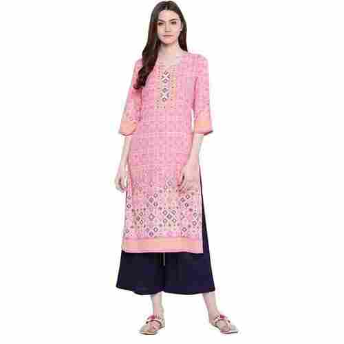 Fashionable 3/4 Sleeves Pink And Black Printed Design Cotton Ladies Palazzo Suit