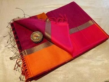 Plain 6.3 Meter Length Pink Red And Orange Part Wear Cotton Silk Fabric Maheshwari Saree
