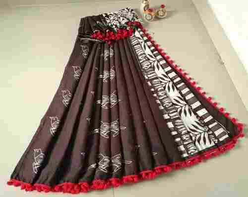 Ladies Printed Party Wear Brown With White Cotton Saree