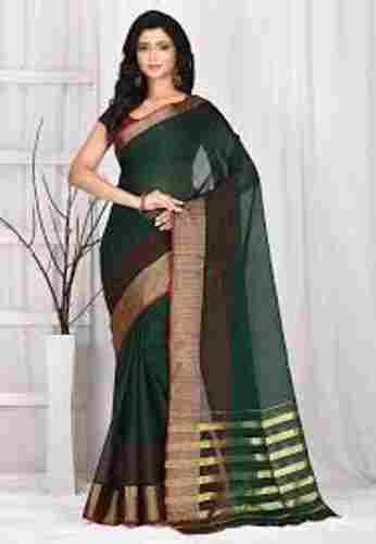 Women'S Printed Beautiful Designer Embroidered Green Cotton Saree With Zari Borders