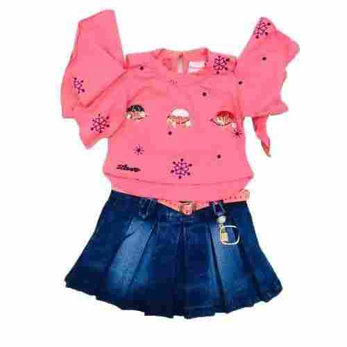 Children Party Wear Round Neck Floral Sleeves Fancy Pink Top With Blue Skirt 