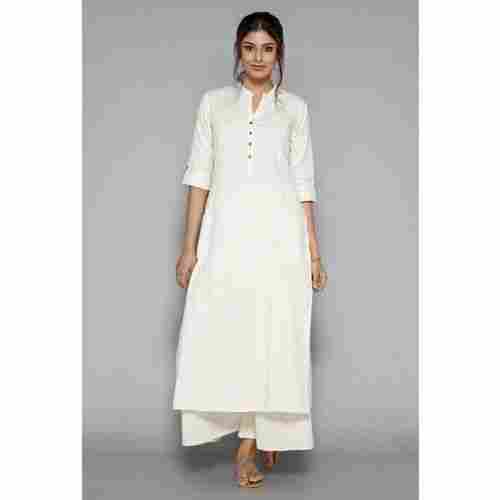 Solid Cotton 3/4 Sleeve Thread Work Embroidery Straight White Kurti