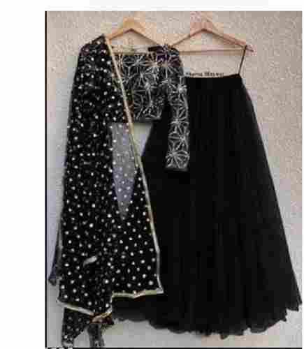 Black Sequins Skirts Off Shoulder Satin Blouse And Scallop Dupatta Fancy Lehenga