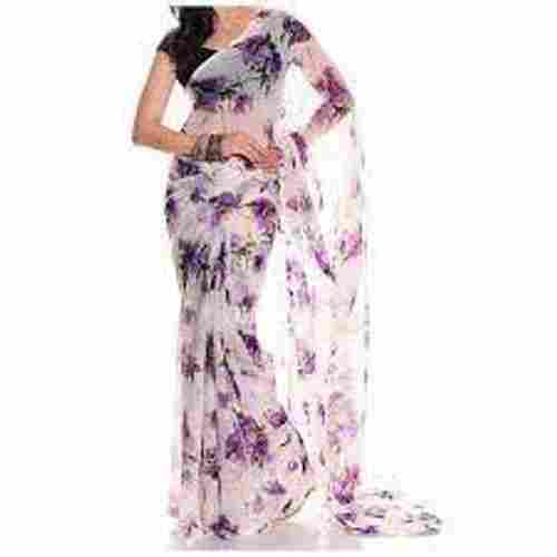 Fancy Flora Printed Purple White Color Chiffon Saree
