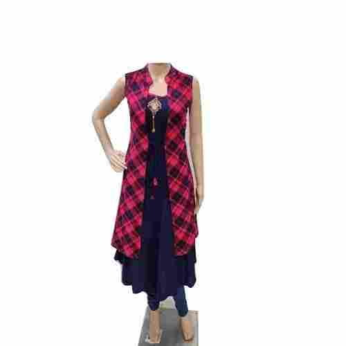 Red And Blue Check Print Cotton Length 45 Meter Sleeveless Casual Wear Ladies Kurti 