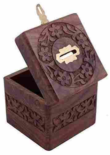 Wooden Coin Box For Gifting Purposes With Polished Finish And Square Shape