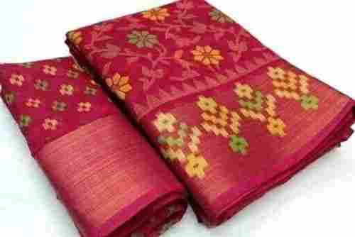 Comfortable And Washable Red Floral Print Cotton Saree With Blouse Piece 