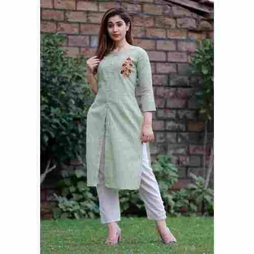Ladies Fashionable 3/4th Sleeves Beautiful And Stylish Green Cotton Embroidered Kurti