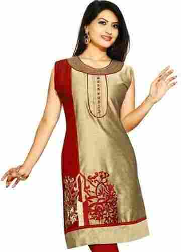 Beautiful Cream And Red Silk Cotton Kurti With Button Design In Front 