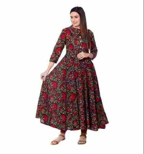 Cotton Silk Fabric Printed Cotton Blend Short Sleeves Anarkali Kurta For Women