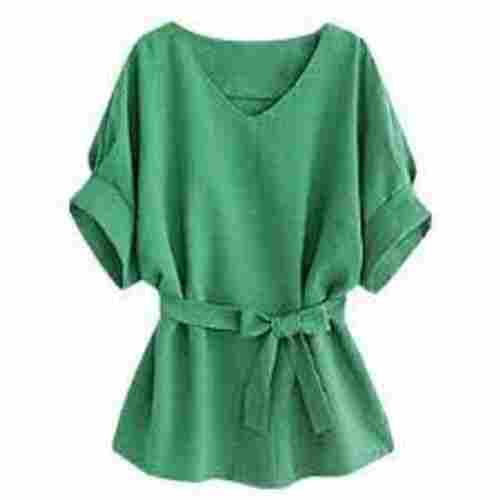 Stylish And Good Quality Comfortable Ribbon Closure Plain Round Neckline Green Fancy Ladies Top