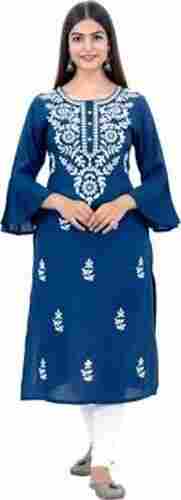 Stylish And Long Sleeve Round Neckline Comfortable Fancy Blue Embroidered Kurtis For Woman 