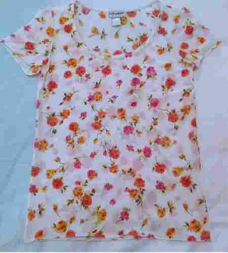 For Ladies Causal Wear Pink And White Printed Short Sleeves O Neck Cotton Ladies Top 