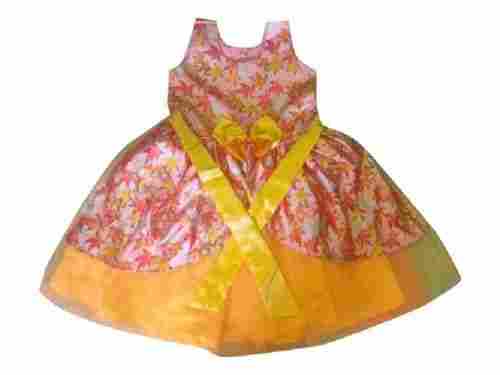 Peach and Yellow Color Round Neck Sleeveless Kids Girl Printed Frock, Perfect for Any Special Occasion