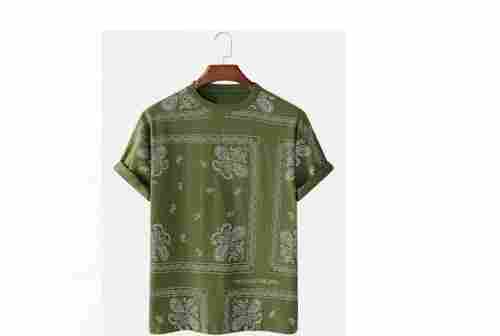 Green Printed Pattern Half Sleeves Party Wear Easily Washable And Breathable Men'S T-Shirt 
