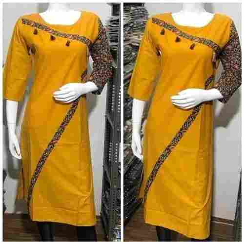 Yellow Printed Round Neck 3-4 Sleeve Cotton Casual Wear Fancy Kurti For Ladies