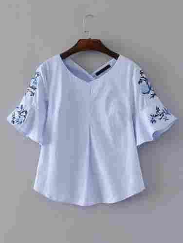 Embroidered Round Neck Blue Half Sleeve Casual Wear Cotton Fancy Tops For Ladies 