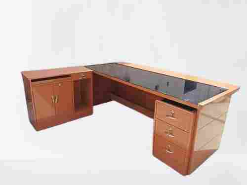 Rectangular Shaped Wooden Body Brown Office Table With Side Rack