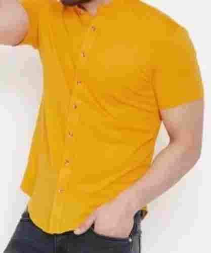 Breathable And Washable Short Sleeves Casual Wear Plain Yellow Cotton Men Shirt