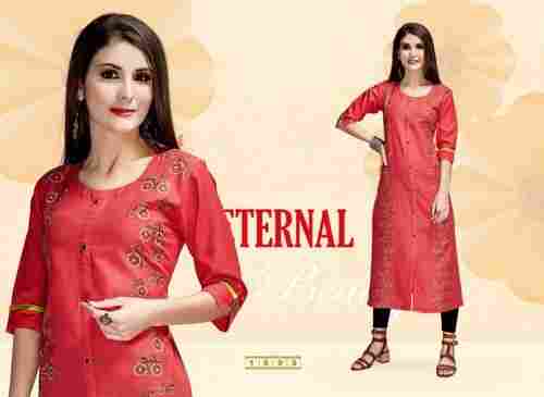 Formal Wear Fashionable Red Color Round Neck Straight Kurti