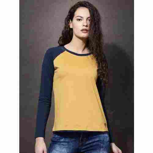 Casual Wear Full Sleeves Round Neck Blue And Yellow Cotton Ladies T Shirt 