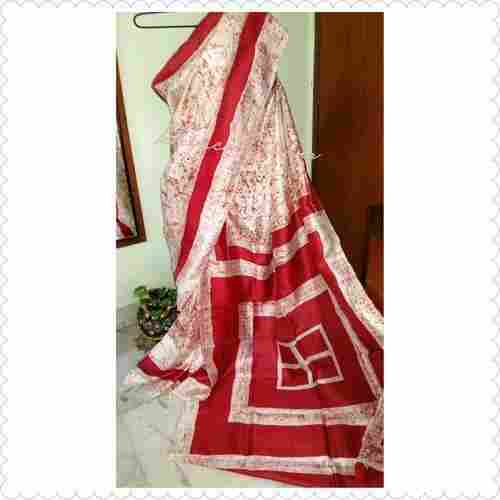 Red And White Attractive Look Comfortable Wear Skin Friendly Hand Batik Silk Designer Saree