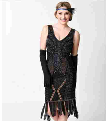  Party Wear Black Copper Beaded Flapper Dress.