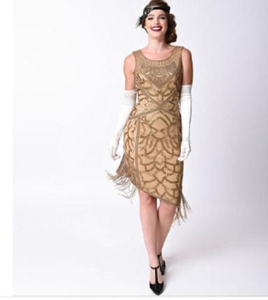 Antique Gold Golden Color Woman Vintage Flapper Dress For Party