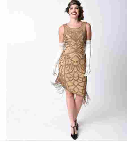 Golden Color Woman Vintage Flapper Dress For Party