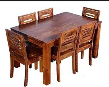 Brown Polished Dining Table Set, 6 High Back Chair + 1 Rectangular Table