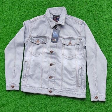 White Mens Full Sleeves Light Blue Denim Jacket For Casual Wear