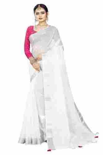 Women White Plain Linen Saree With Blouse Piece