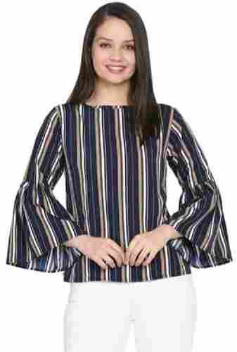 Washable And Comfortable Cotton Round Neck Full Sleeves Strip Ladies Fancy Top