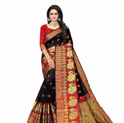 Embroidered Black And Golden Light Weight And Comfortable Art Silk Ladies Saree