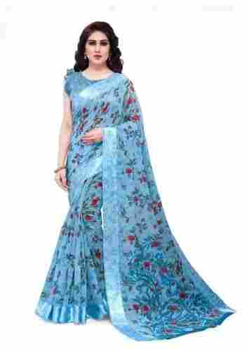 Length 6 Meter Light Blue Digital Floral Printed Saree With Blouse Piece 