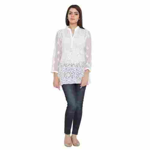 Ladies Casual Wear White Embroidered Faux Georgette Short Kurti