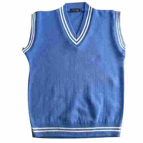 Soft and Comfortable Blue Color V Neck Sleeveless Woolen School Uniform Sweater