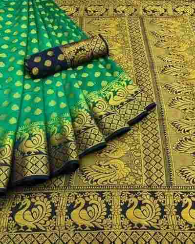 Party Wear Green Designer Cotton Silk Saree With Blouse Piece 